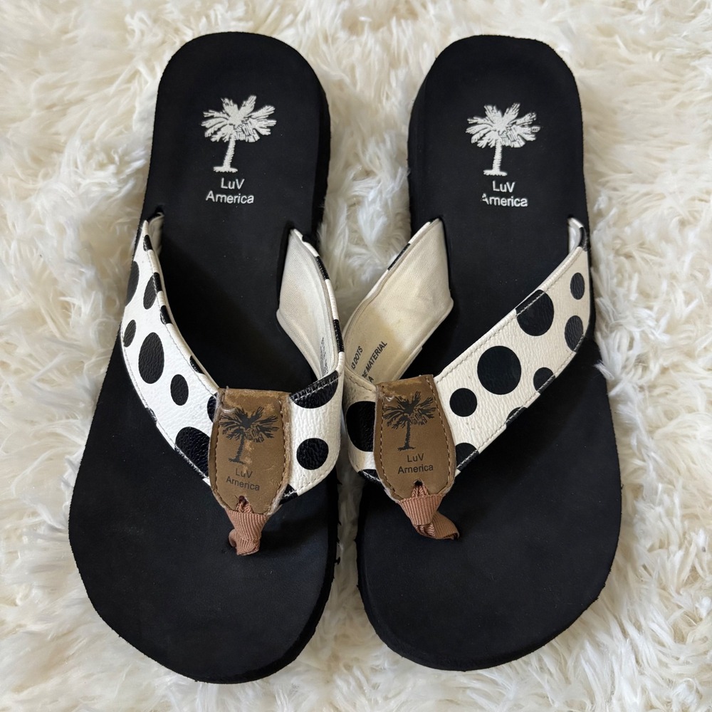 Luv America Womens Polka Dot Platform Flip Flops Black White Sandals 5833 Size 8